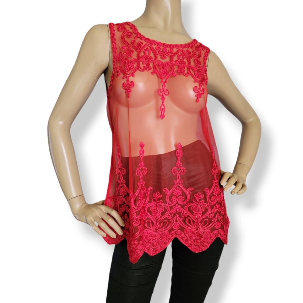 Red Sheer Lace Scalloped Trim Top by Universal Fashion